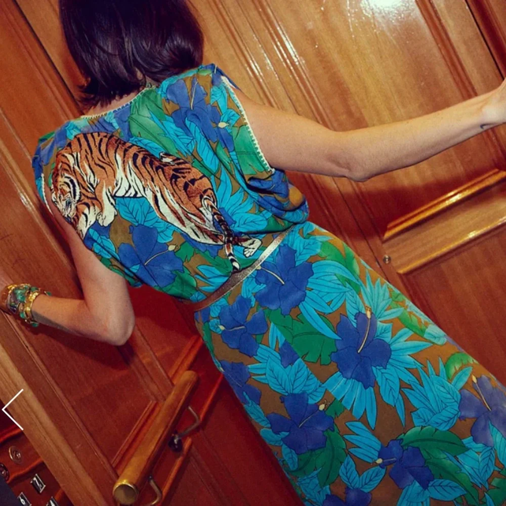 Chasing Unicorns Blue Green Floral Asymmetrical Dress with Tiger Motif